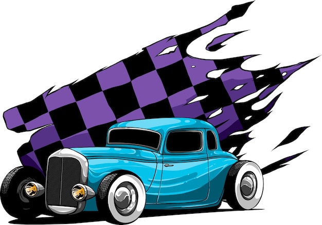 Vector illustration of hot rod car with race flag