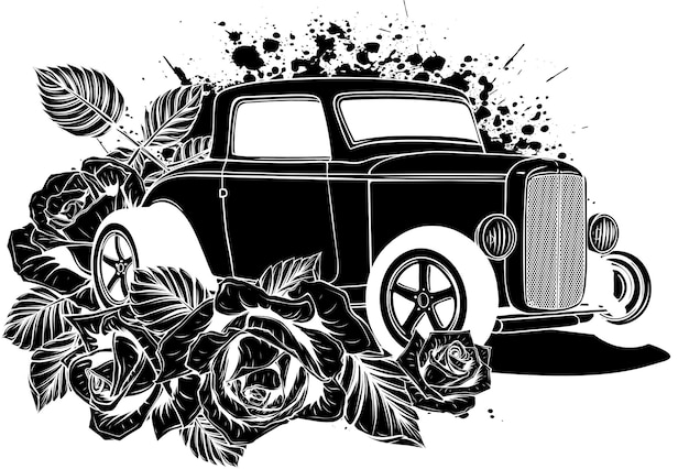 Vector illustration of hot rod car with roses