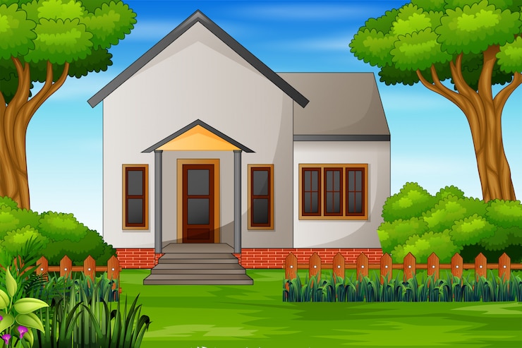 वेक्टर illustration of a house with a green courtyard