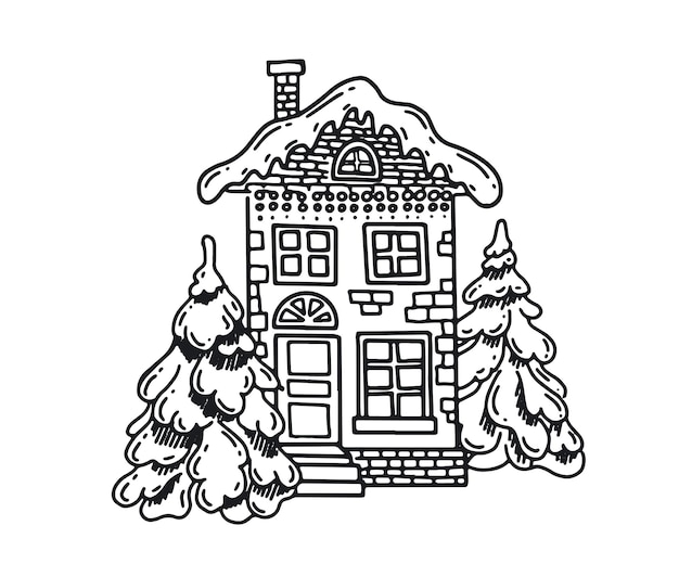 家のイラスト。クリスマスのグリーティング カード。手描きの建物のセット。