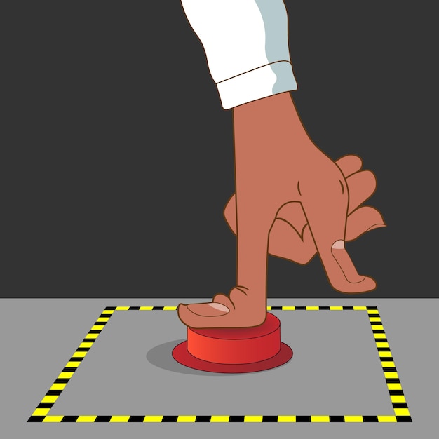 Illustration of a human hand pressing a red button on a black background