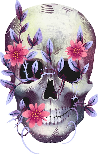 Вектор Иллюстрация человеческого черепа с цветами, листьями и ветвями, печать анатомии