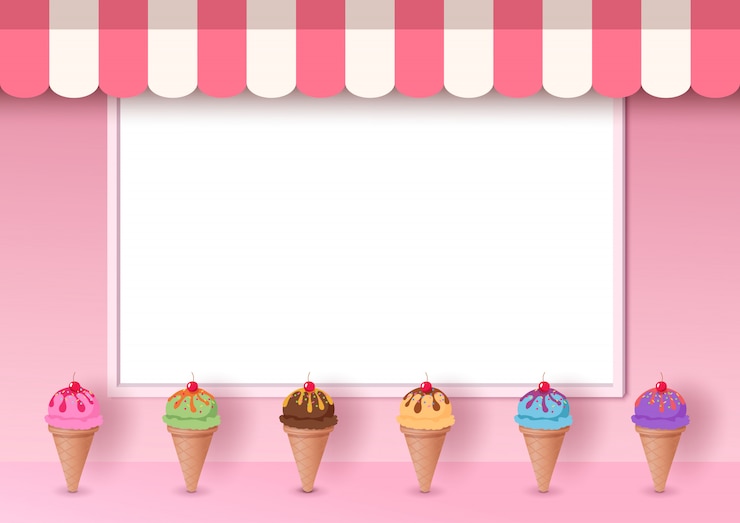 Vector illustration of ice cream cone decorated on pink cafe with white frame board background on 3d style