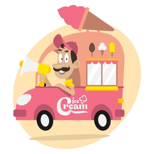 Illustration, ice cream truck and driver with loudspeaker, format eps 10