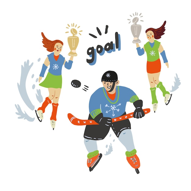 Illustrazione di un giocatore di hockey su ghiaccio e di cheerleader