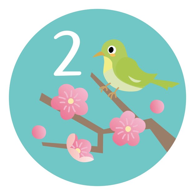 Illustration icon of February plum blossoms and Japanese white-eye