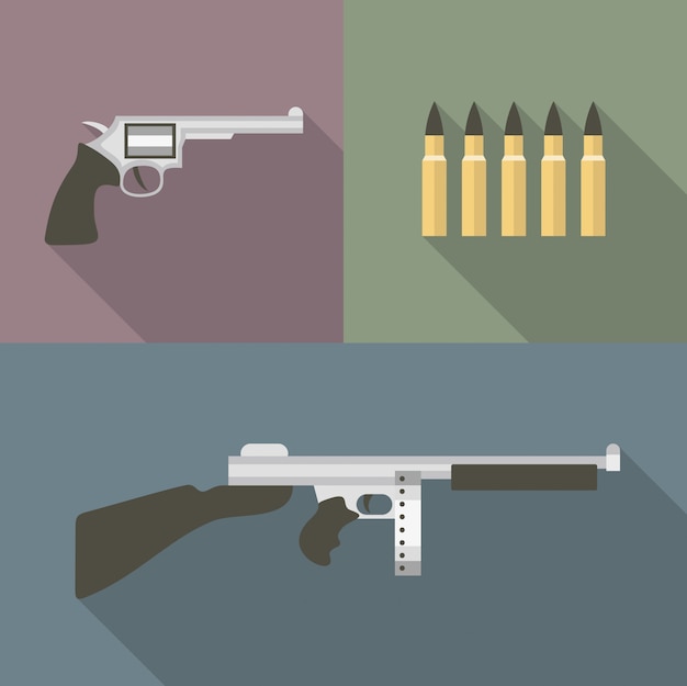 Vector illustration icon set of gun: pistol, bullet, automatic