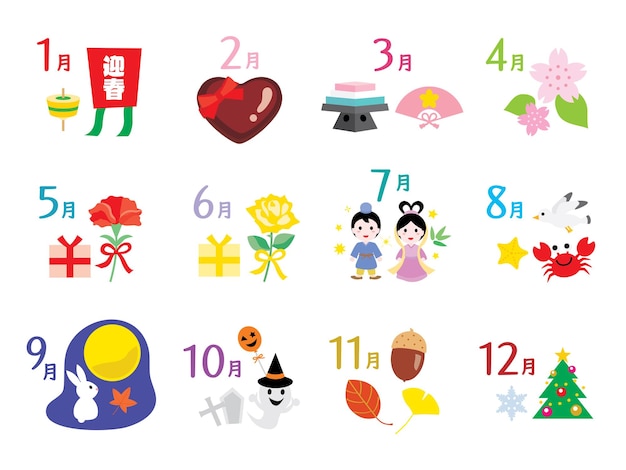 Illustration icons of japanese annual event for a calendar