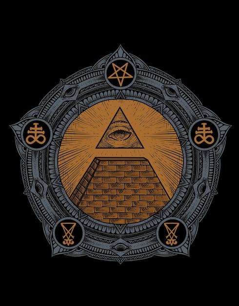 Illustration illuminati pyramid on circle mandala engraving style