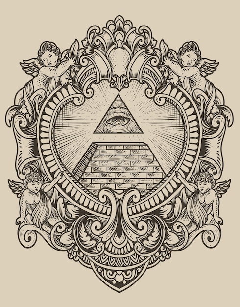 Illustrazione illuminati piramide con stile di incisione