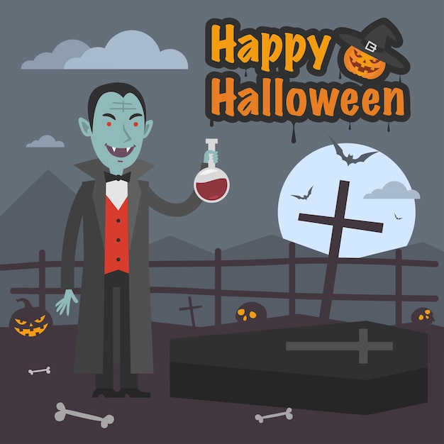 Illustration, illustration halloween dracula holds tube of blood, format eps 10