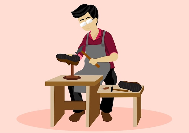 Illustration image of cobbler sitting on chair and making shoes