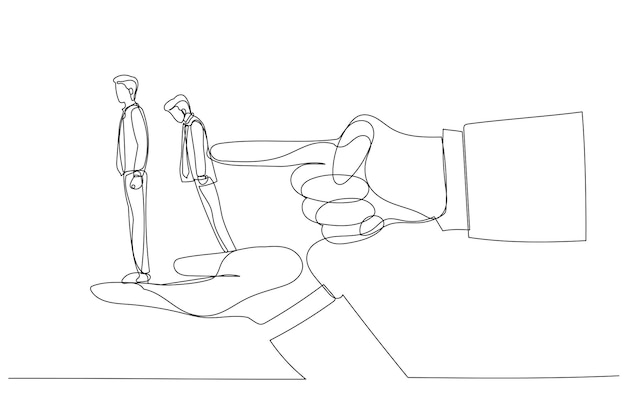 Illustration Of Index Finger Overturns Row Of Businessman Standing On Big Hands Metaphor For Dismissal Unemployment Layoffs One Line Art Style