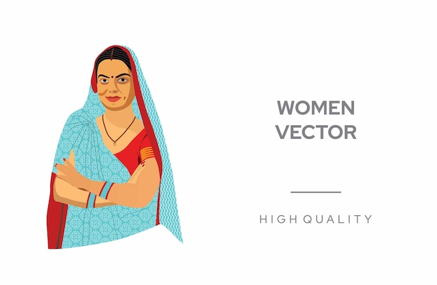 Vector illustration of an indian rural woman wearing a saree in the green field, rural women vector, women