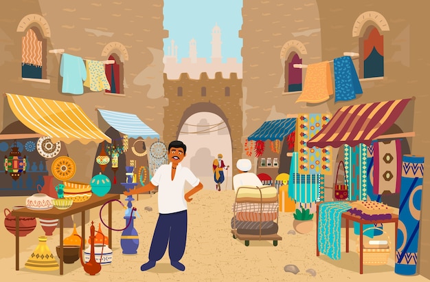  illustration of Indian street bazaar with people and shops: ceramics, carpets and fabrics, spices, jewelry. Asian street market with authentic goods. Local trade. Indian merchant.