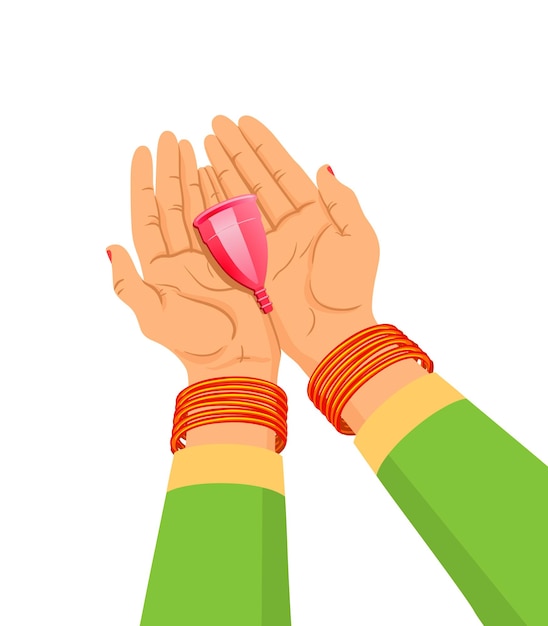 Illustration of an Indian woman  hand holding reusable silicon Menstrualcup