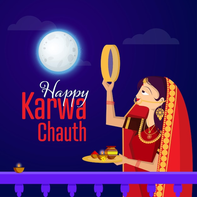 illustration of Indian woman performing Hindu married festival ritual of Karwa Cahuth looking moon