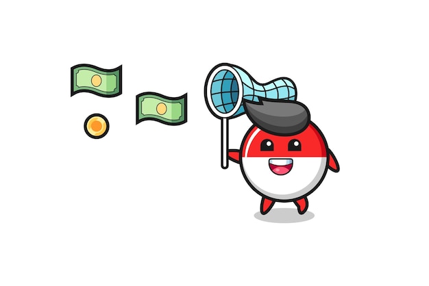 Illustration of the indonesia flag catching flying money , cute design