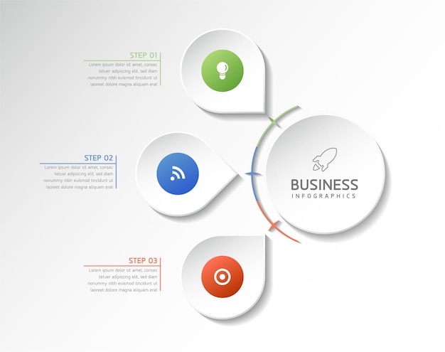 Illustrazione infografica modello di progettazione grafico di presentazione delle informazioni aziendali con 3 passaggi