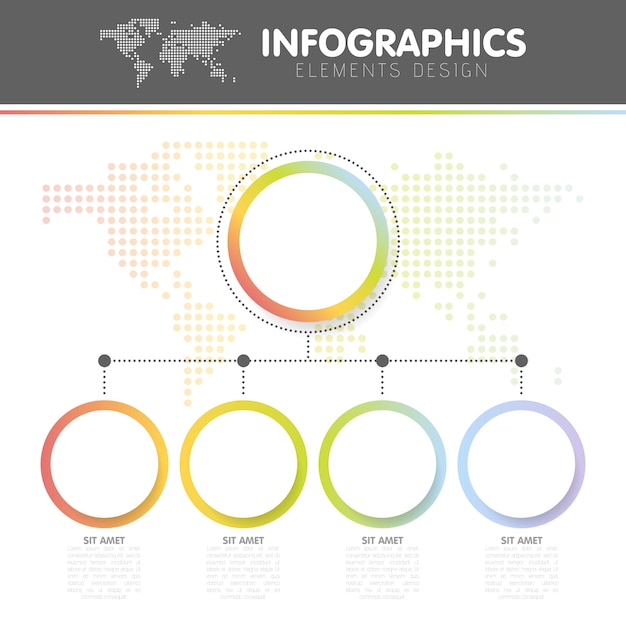 Illustration of the infographics with the dotted world map with the four circles with steps