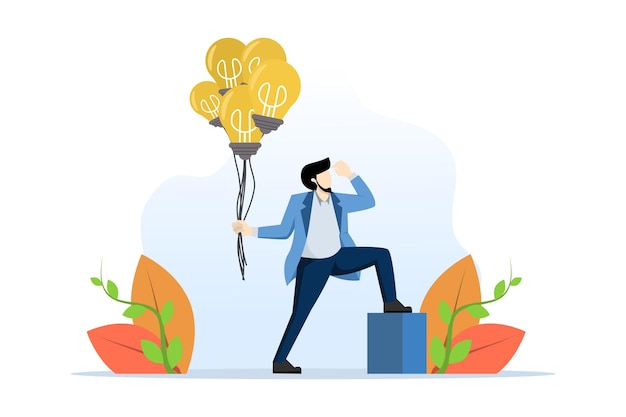 Vector illustration of innovation idea concept with smart businessman holding light bulb idea balloon