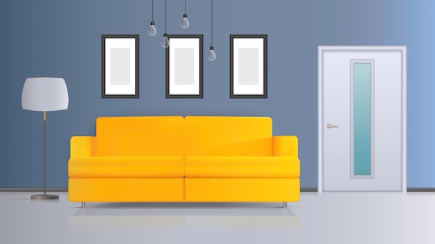 Illustrazione di un interno. divano giallo, porta bianca, piantana con paralume bianco, plafoniera bianca. interni realistici.