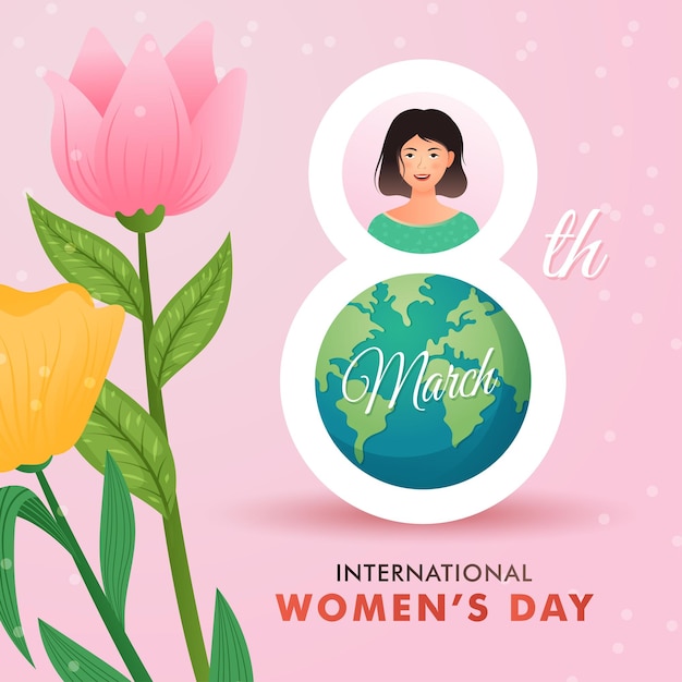 Illustration of International women's day, eighth of march cute girls and floral ornament