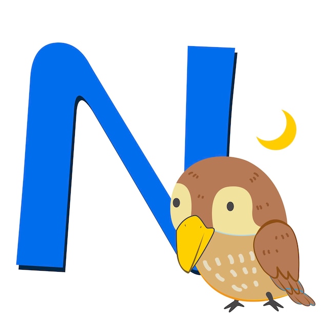 illustration of isolated animal alphabet N with nightingale on white