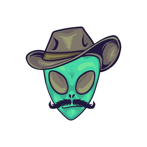 Illustration Isolated Cartoon Hand Drawn Alien Head Wearing Cowboy Hat And Mustache