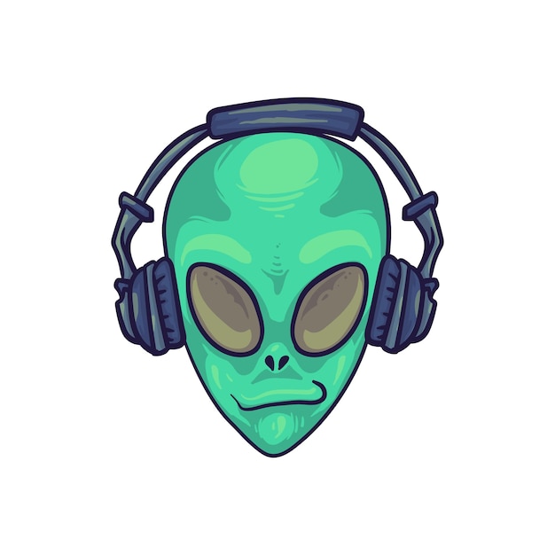 illustration isolated cartoon hand drawn alien head wearing headphone listen to music and chill