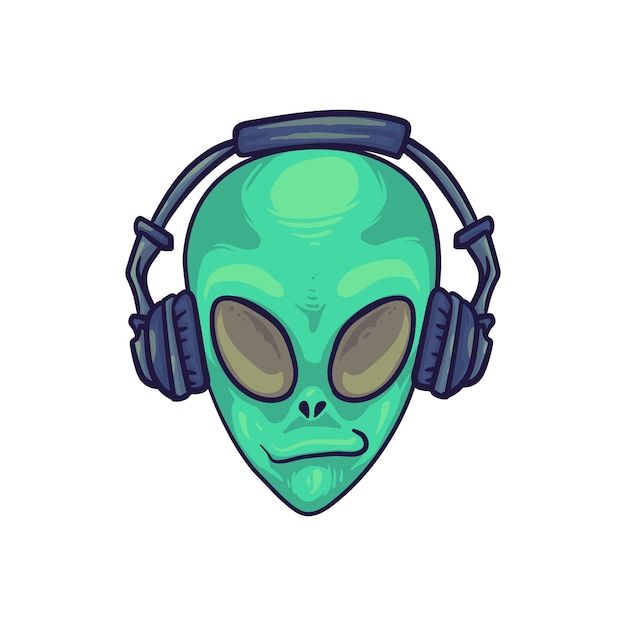 Illustration Isolated Cartoon Hand Drawn Alien Head Wearing Headphone Listen To Music And Chill