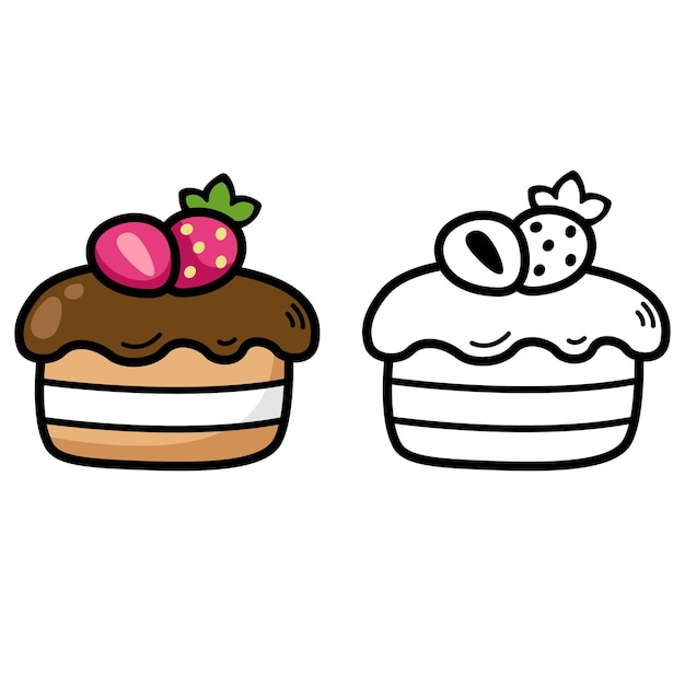Illustrazione della torta al cioccolato colorata e bianca e nera isolata decorata con fragola per libro da colorare