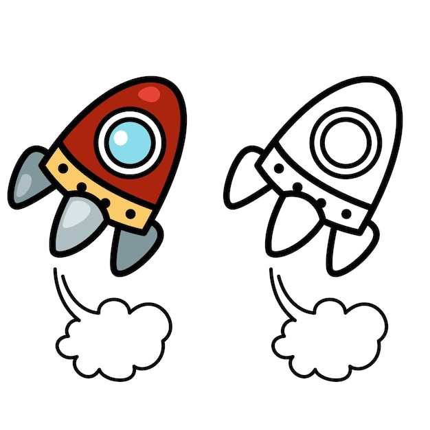 Illustration of isolated colorful and black and white rocket