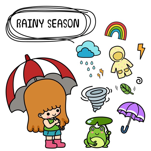 Vector illustration isolated set cartoon rainy season with kid girl