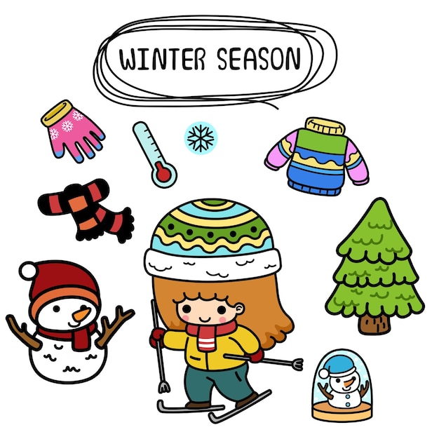 Vector illustration isolated set cartoon winter season with kid girl