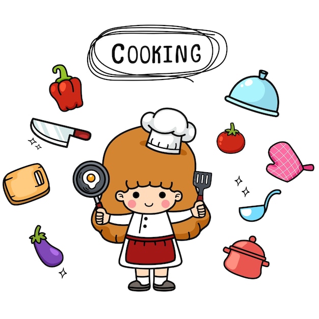 Illustration isolated set cartoon woman chef