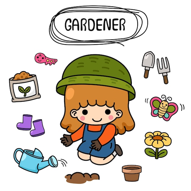 Illustrazione isolato set cartone animato giovane donna sorridente giardiniere