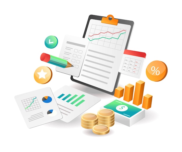 Illustration isometric concept. business investment company growth analyst data