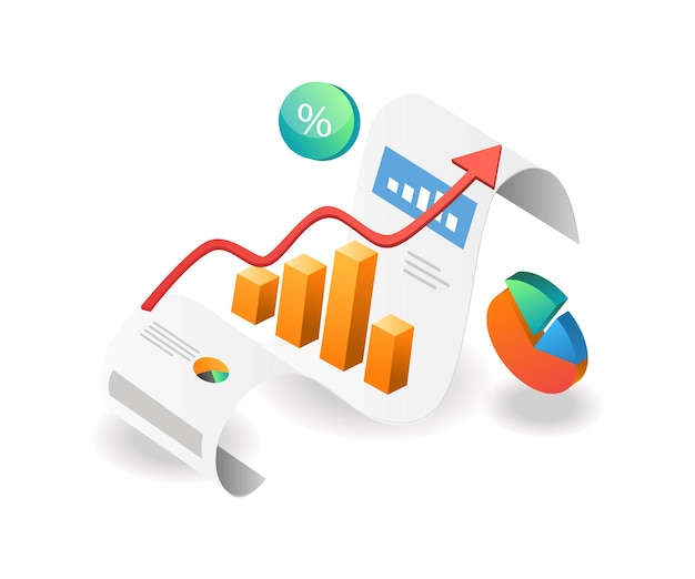 Illustration isometric concept pie chart bar investment business data analysis