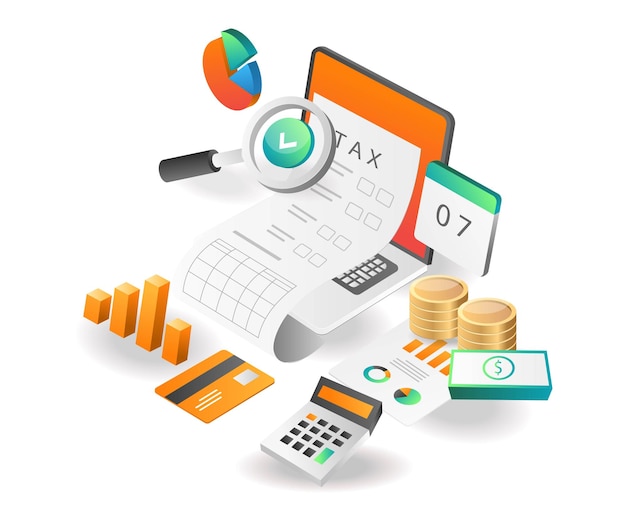 Illustration isometric concept tax accounting analysis data for investment business company