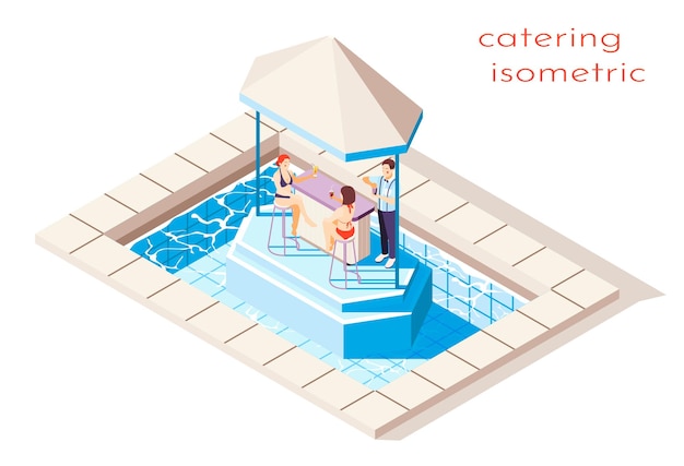 Illustrazione della festa isometrica in piscina con ristorazione