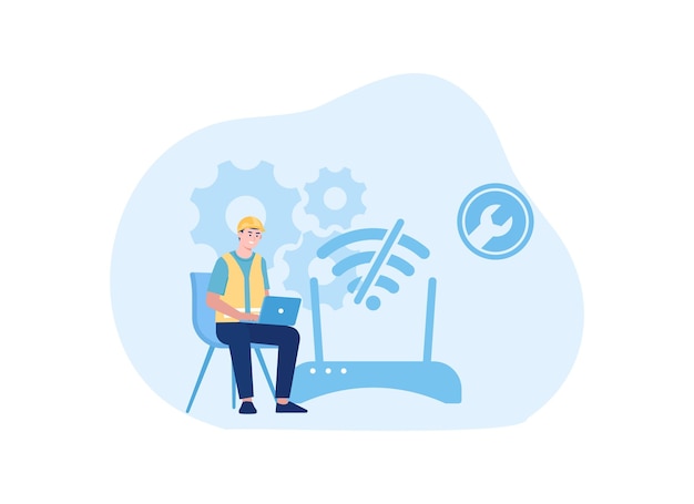 Vettore illustrazione di un uomo it seduto su una sedia con un laptop e un'illustrazione piatta del concetto di tendenza wifi