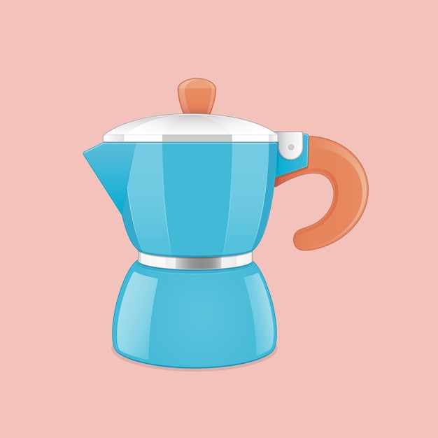 Illustration italian light blue moka pot coffee maker on a brown background.