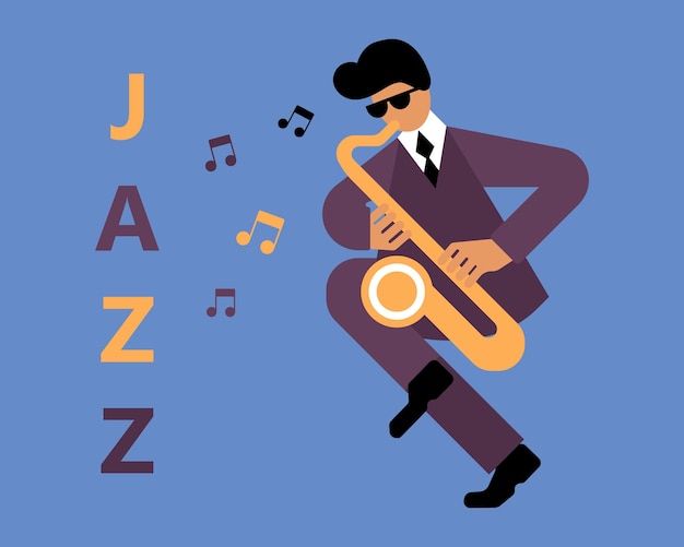 Vettore illustrazione jazzman con sassofono note musicali e testo jazz blu e giallo design clip art