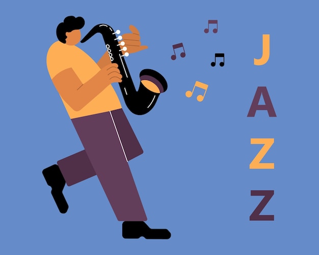 Illustration jazzman with saxophone musical notes and jazz text blue and yellow design clip art