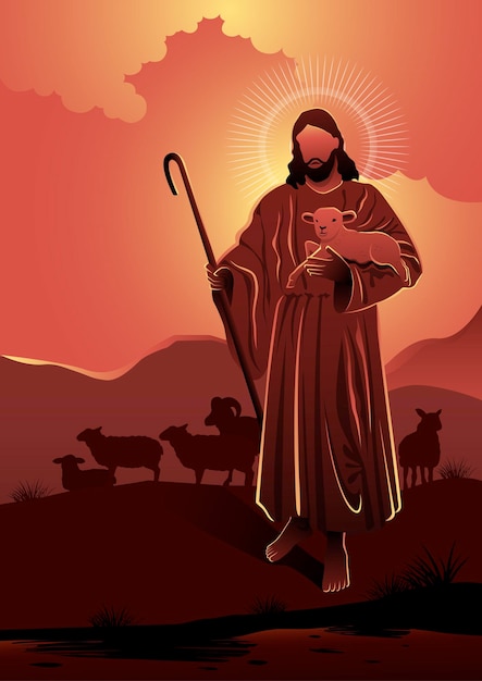 An illustration of Jesus as a good sheperd. Biblical Series