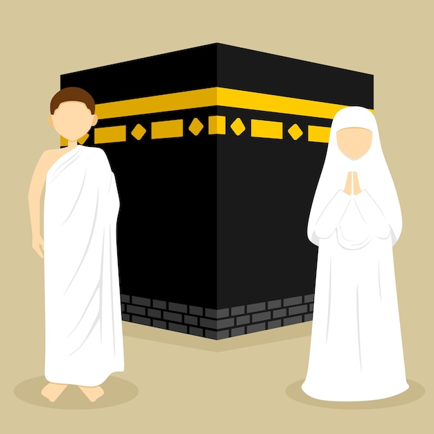 illustration of kaabah and ihram clothes of men and women