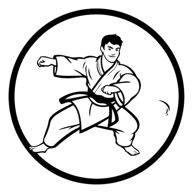 Иллюстрация человека по карате, занимающегося дзюдо, установленная внутри круга на изолированном фоне, сделанная в ретро-стиле