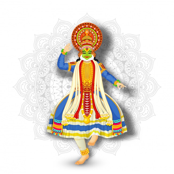 वेक्टर illustration of kathakali dancer performing on white mandala pattern background.