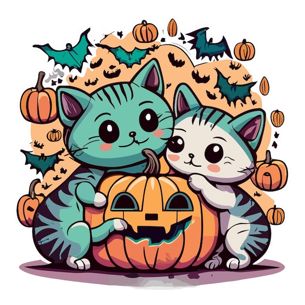 illustration Kawaii Kittens playing with a small pumpkin Halloween side view sticker